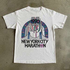 Vintage 1990 New York City Marathon T-Shirt - NYC Skyline Graphic Tee - White